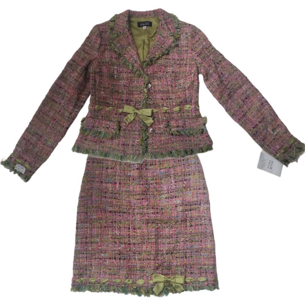 TERI JON Green‎ Rainbow Tweed Suit Blazer/Skirt Set Size 2
